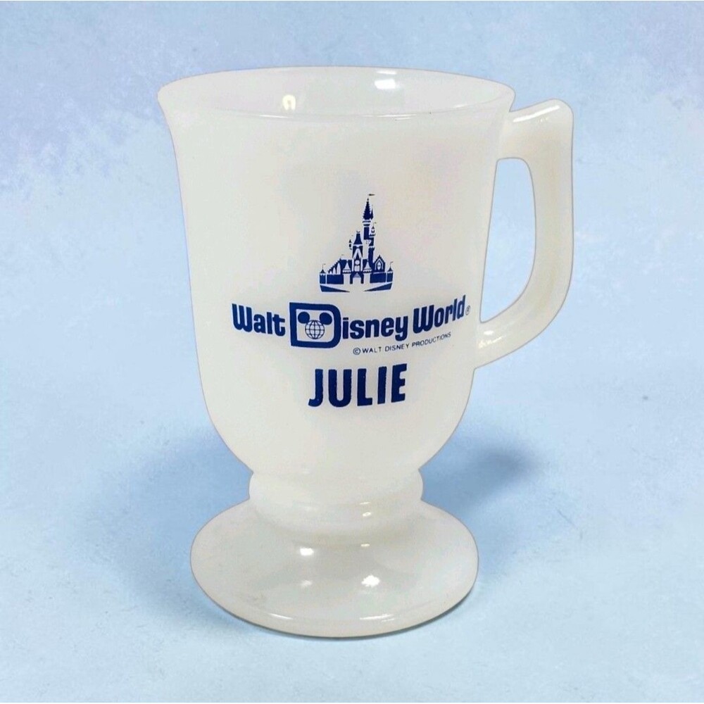 Vintage Walt Disney World Julie Name Milk Glass Pedestal Mug Blue Castle